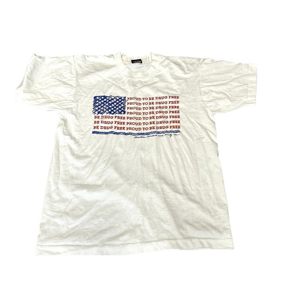 Vintage Proud To Be Drug Free Tee Shirt Mens Size Large Red White Blue